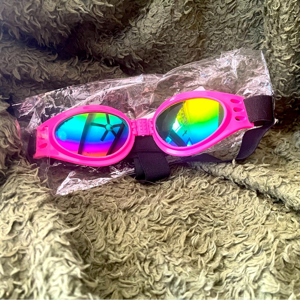 Hot pink dog goggles for swimming or riding